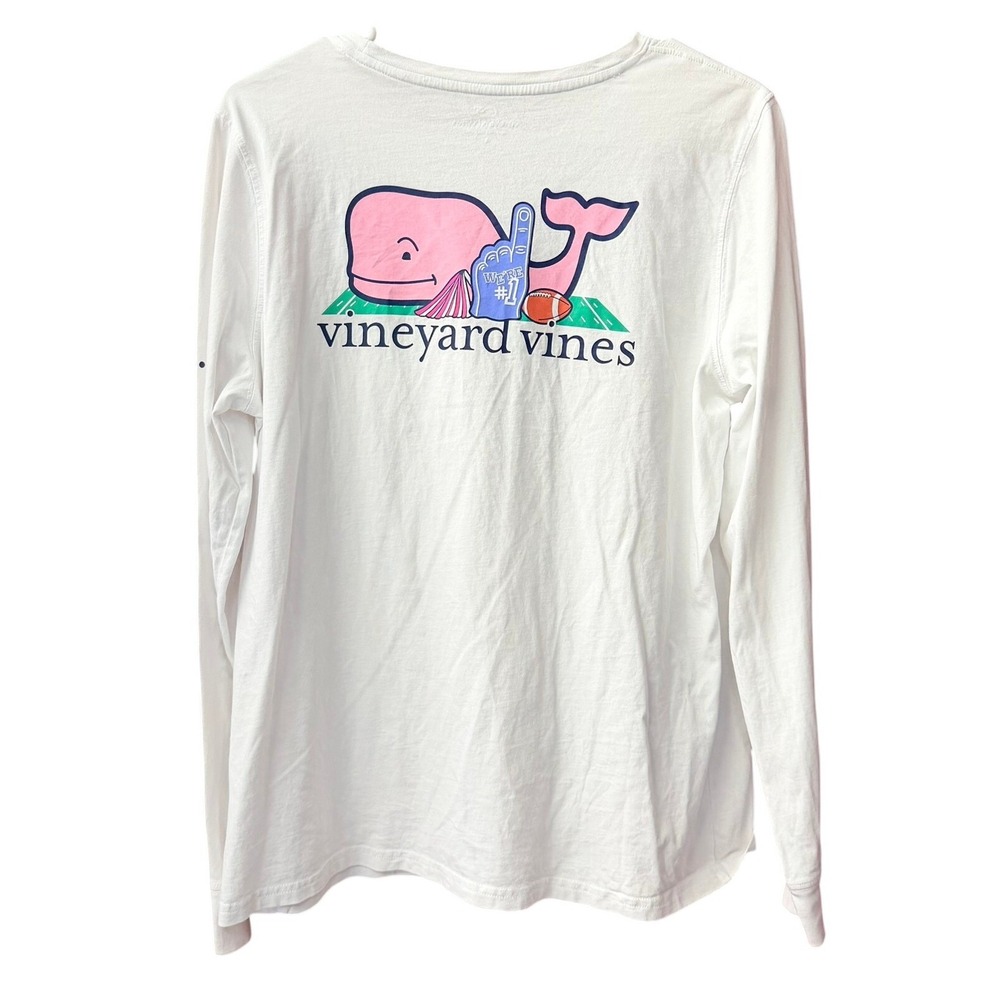 Vineyard Vines T-Shirt Women Large White Football Whale Long Sleeve Pocket Tee